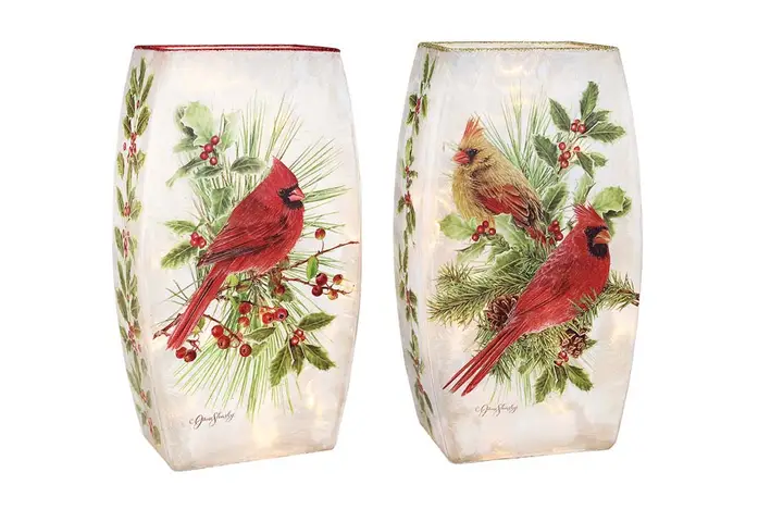 Cardinals On Greens Lit Med Glass Vase