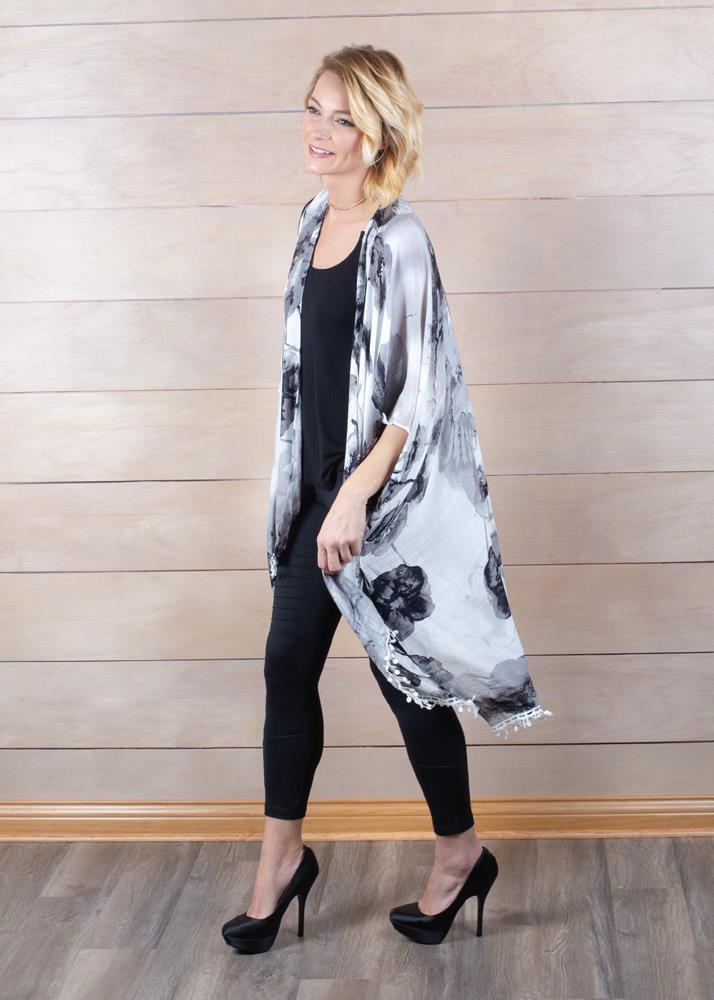WHITE BLACK FLORAL TRIM CARDIGAN