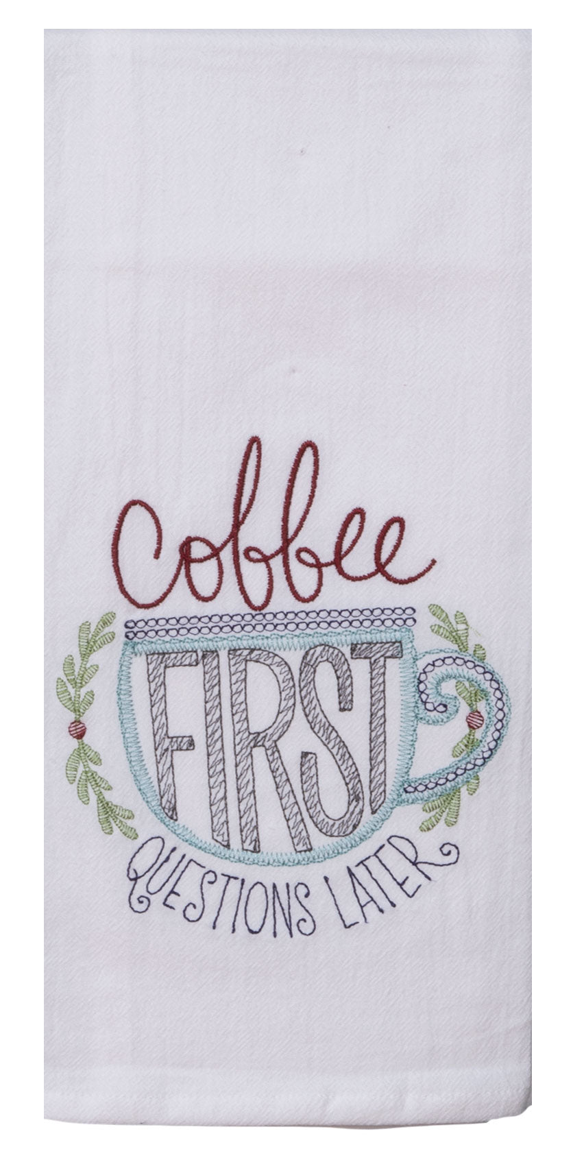 COFFEE FIRST EMBROIDERED TEA TOWEL