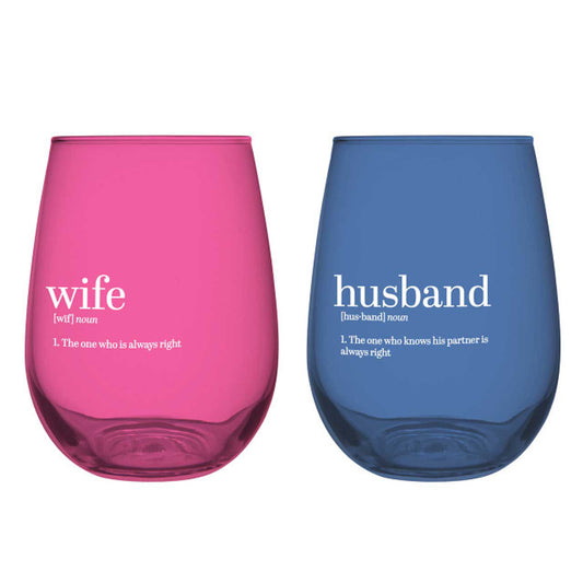 Husband and Wife Stemless Wine Glass Set