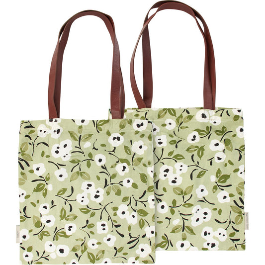 WHITE POPPIES ON GREEN TOTEBAG