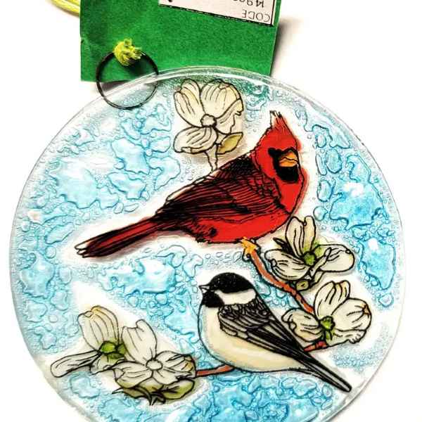 Cardinal With Chickadee Glass Suncatcher