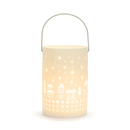 White LED Ceramic Village Scene Lantern