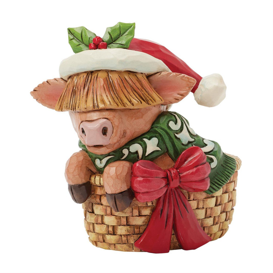 MINI HIGHLAND COW IN BASKET FIGURINE