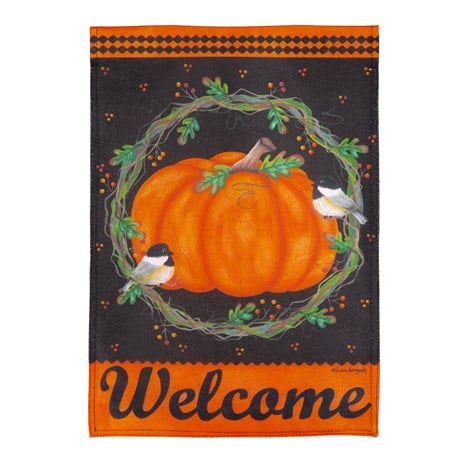 Chickadee and Pumpkin Burlap Garden Flag