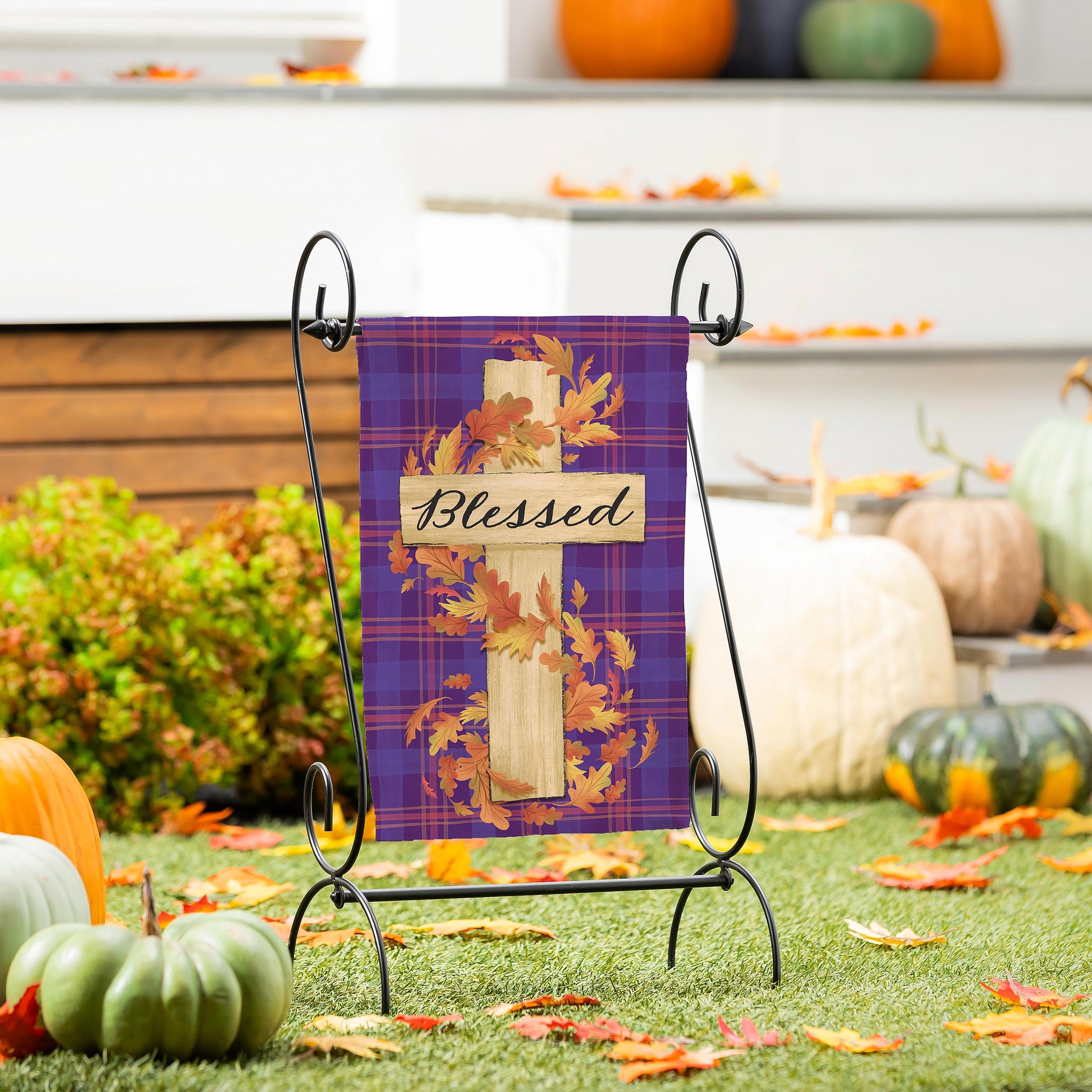 BLESSED CROSS BURLAP GARDEN FLAG