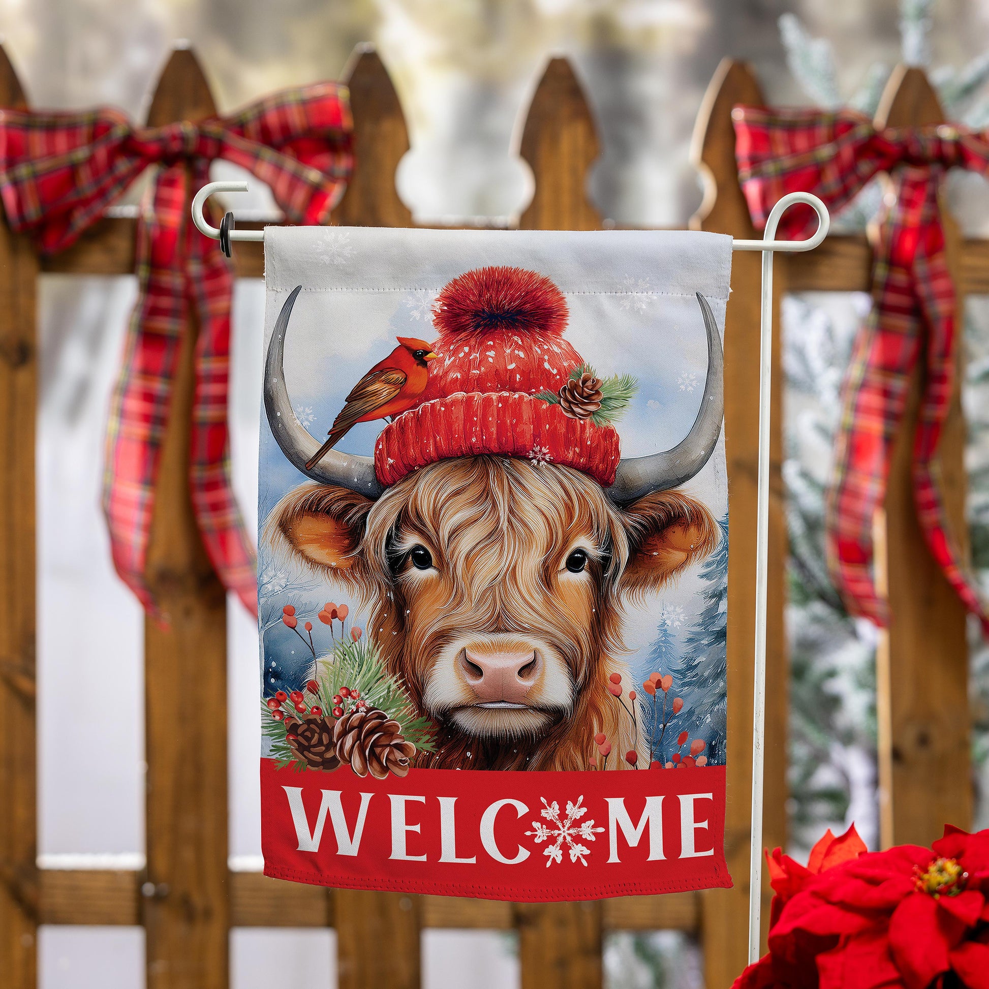 BUNDLED UP HIGLAND COW Garden Flag