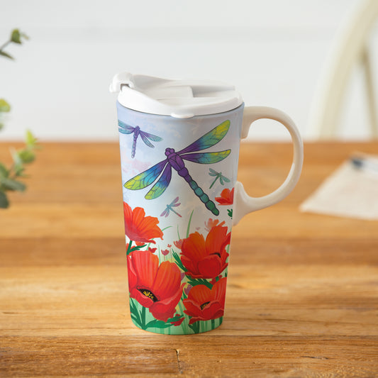 Dragonfly Poppies Travel Coffee Mug