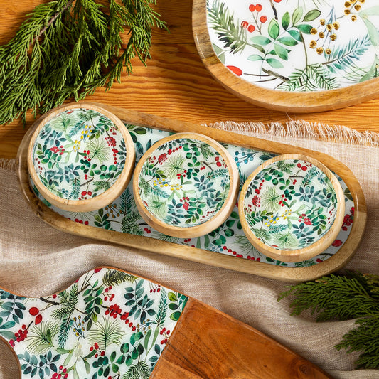 Foliage 3 Section Wood Server With Bowls