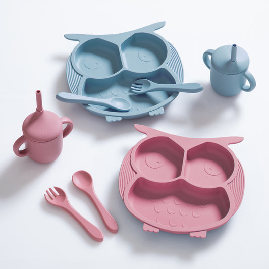 OWL SILICONE BABY FEEDING SET PINK
