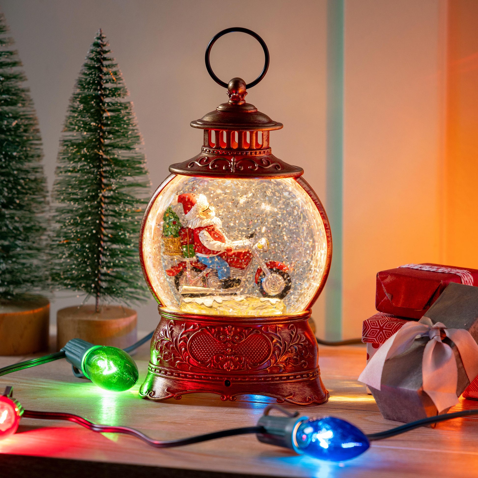Santa On Motorcycle Water Lantern