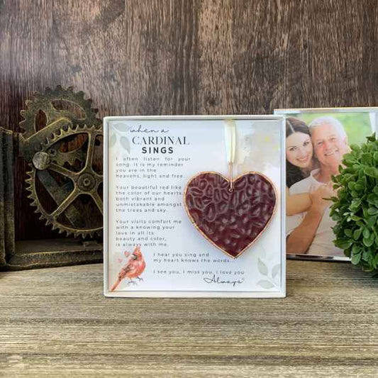 Cardinal Sings Memorail Red Glass Heart