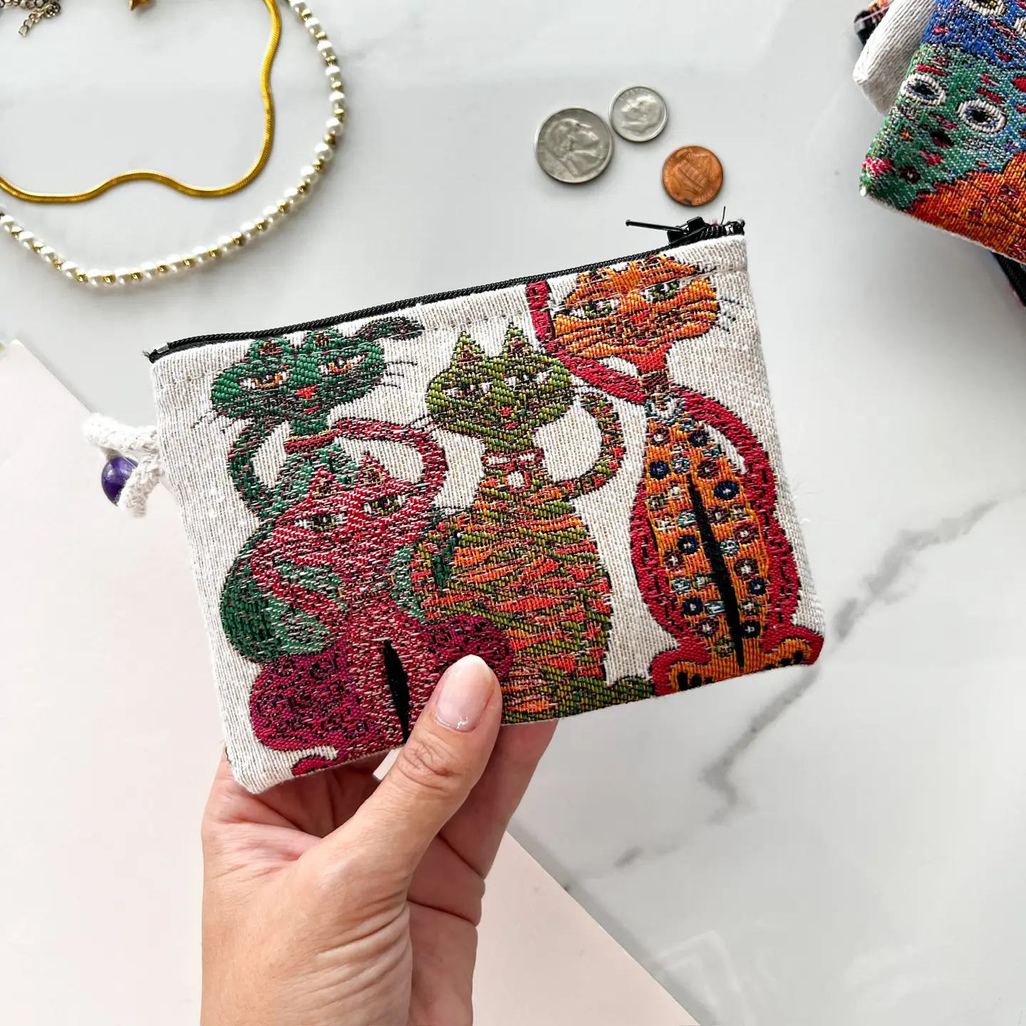 White With Cats Fabric Coin Purse