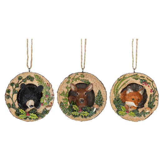 WOOD SLICE WITH ANIMAL ORNAMENT ASST