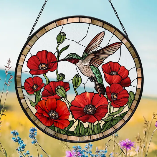Poppy Hummingbird 10" Suncatcher