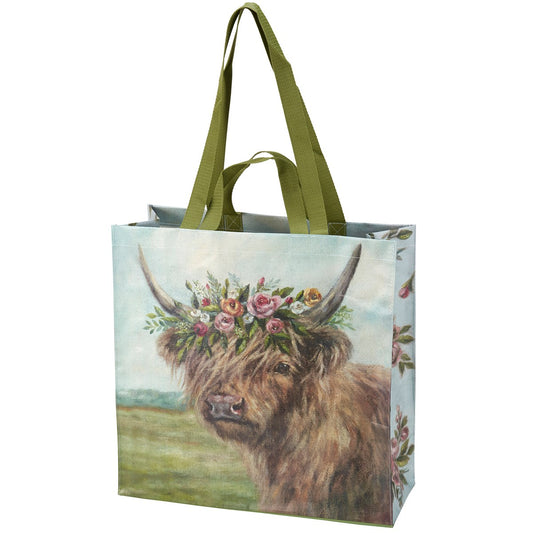 Floral Highland Cow Market Tote