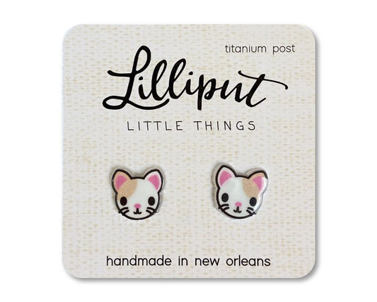 White w/Brown Spot Kitty Cat Earrings