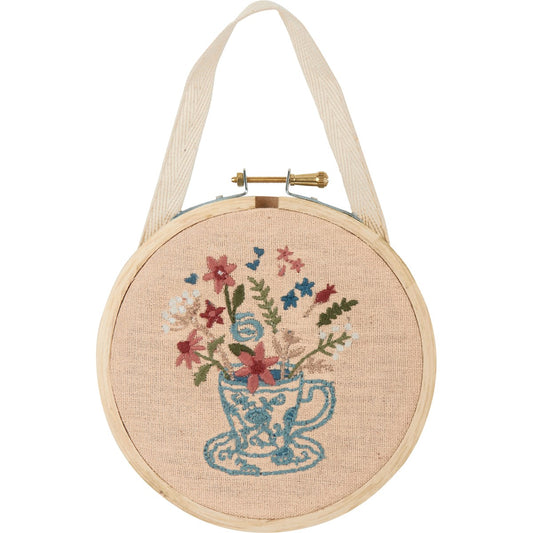 Teacup And Flowers Hand Embroidered Hoop