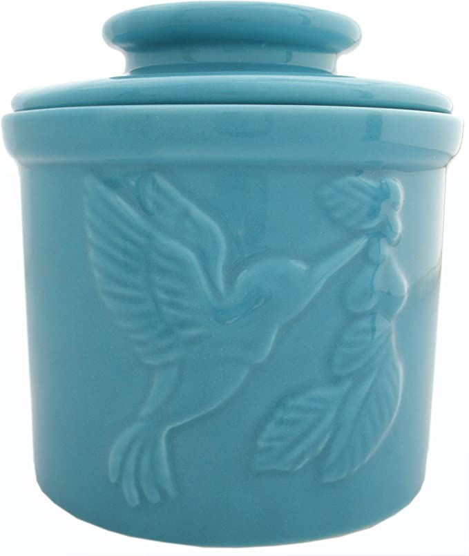 Teal Hummingbird Butter Crock