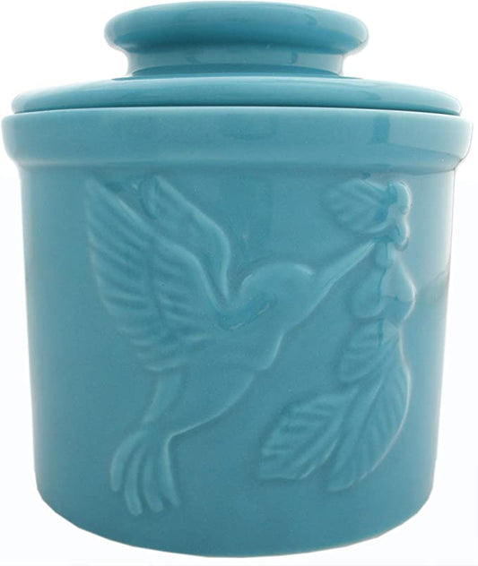 Teal Hummingbird Butter Crock