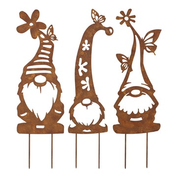 Gnome Rust Colored Garden Stake - FLORAL HAT 16"