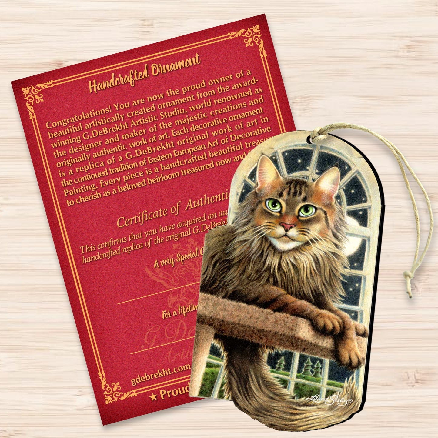 Green Cat Wood Ornament