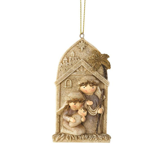 HOLY FAMILY IN CRECHE ORNAMENT