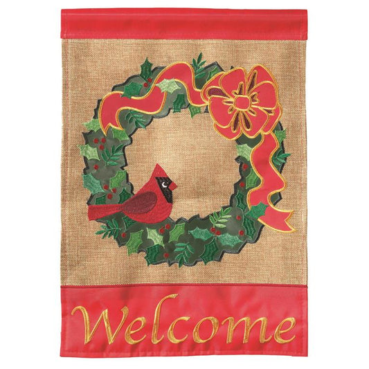 WELCOME WREATH BURLAP FLAG 29X42