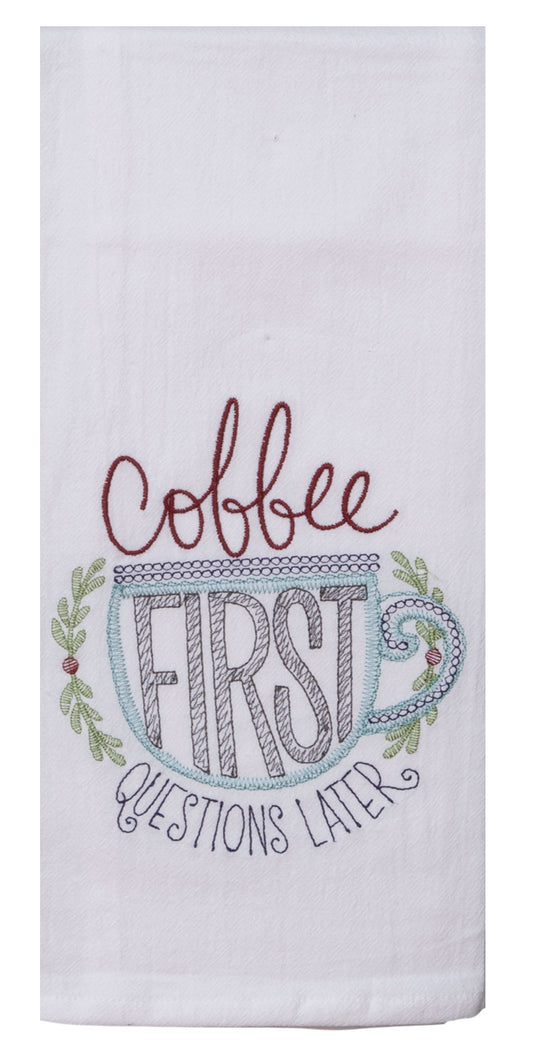 COFFEE FIRST EMBROIDERED TEA TOWEL