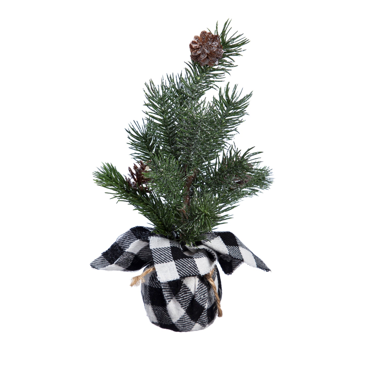 PINE TREE IN BLACK CHECK BURLAP POT