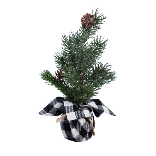 PINE TREE IN BLACK CHECK BURLAP POT